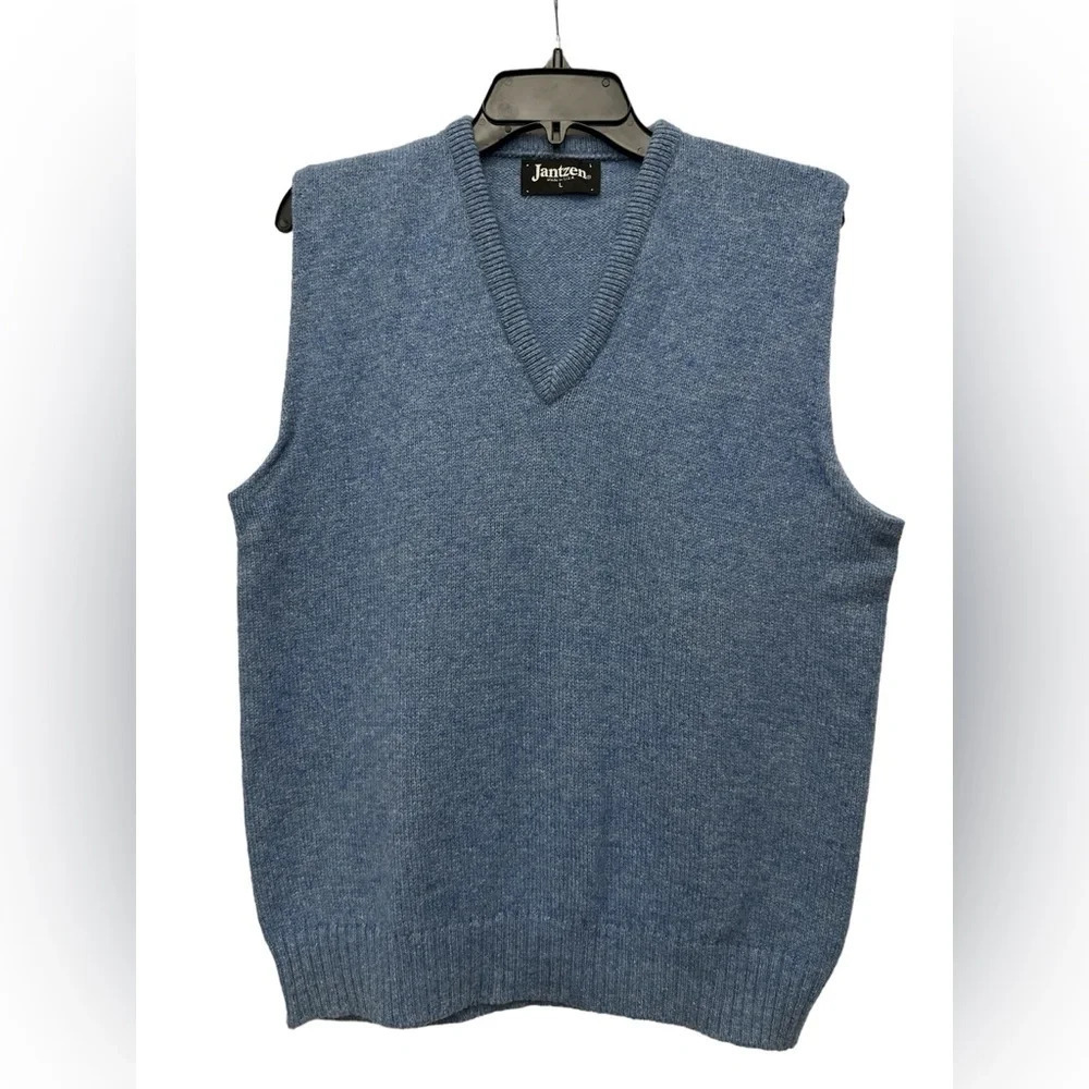 Jantzen Vintage Sweater Vest Size Large Wool Blend V Neck Light Blue